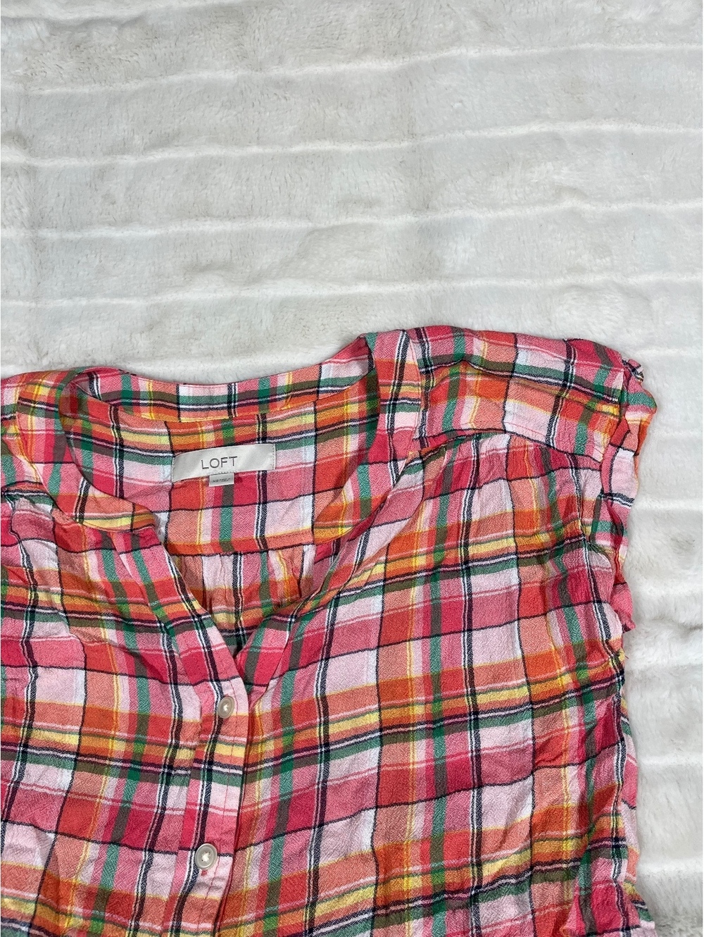 LOFT Women's XS Spring Summer Pink Green Plaid Button Up Short Sleeve Shirt